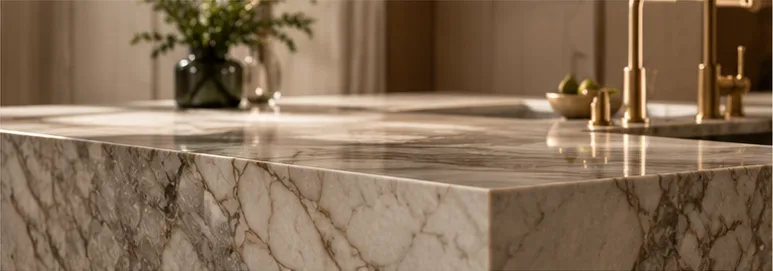 Marble worktop edge with brass tap