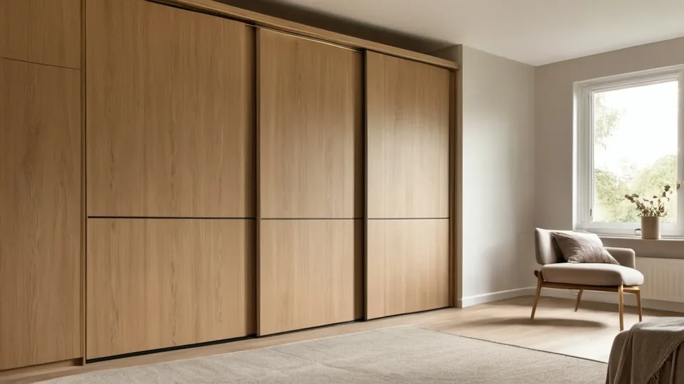 Fitted wardrobe with warm lighting