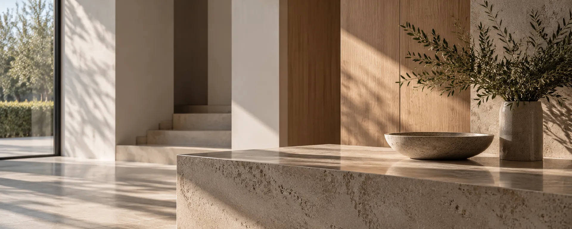Stone worktop and warm timber panelling detail