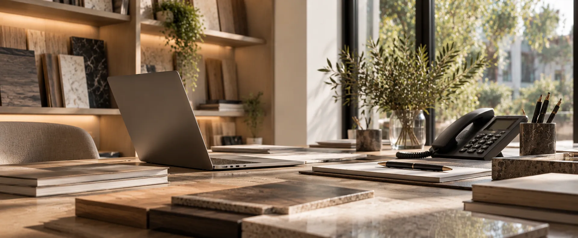 West Universe studio desk with material samples