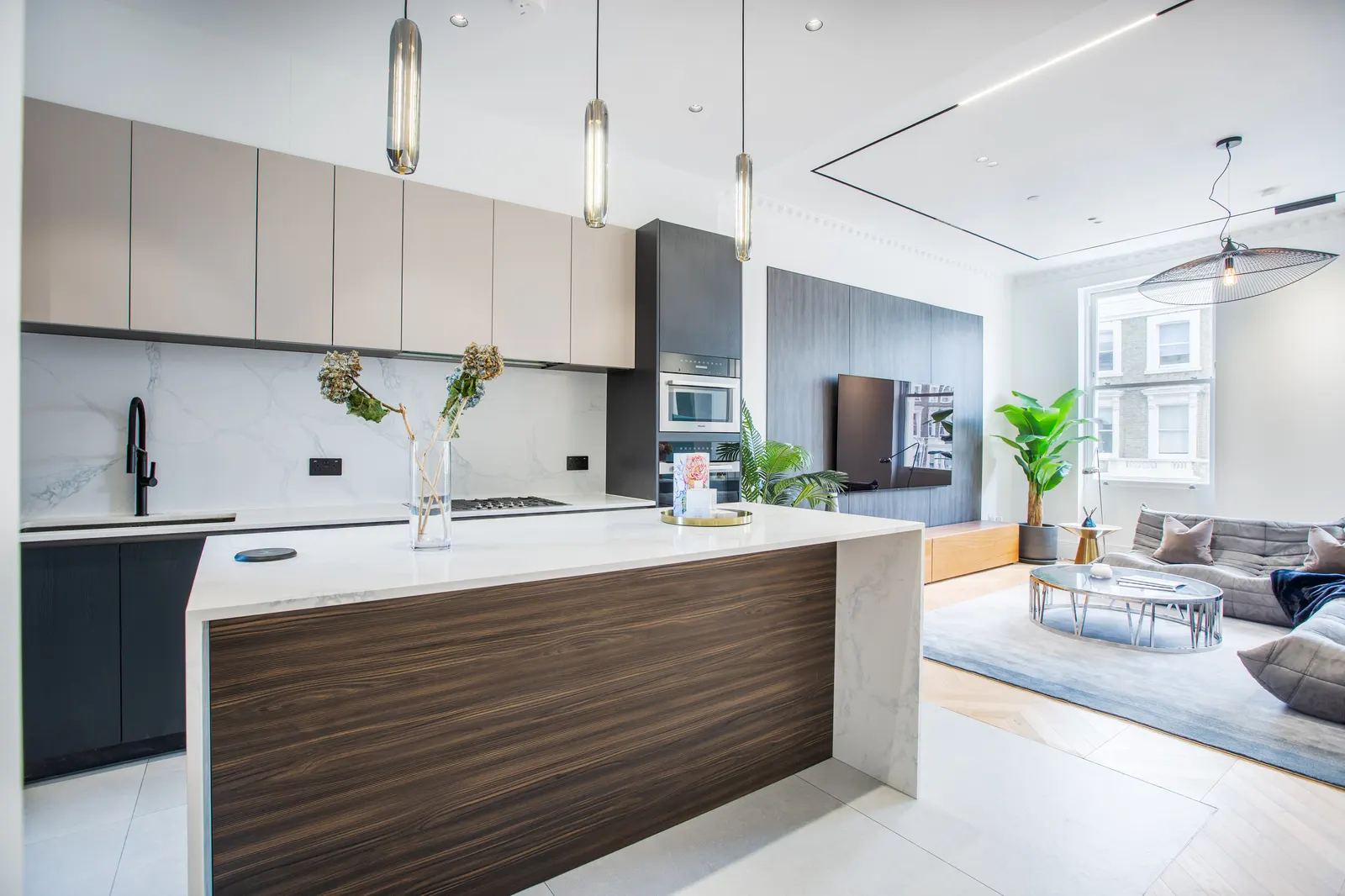 Kitchen island in wood grain finish