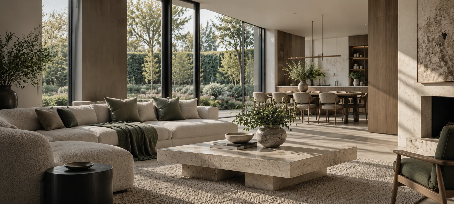 Warm living room with stone coffee table and bespoke joinery
