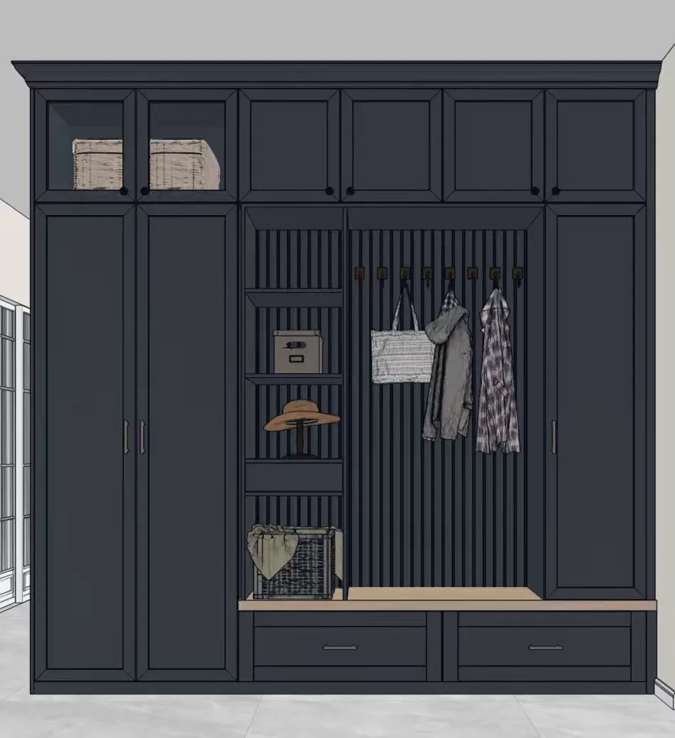 Dark blue fitted wardrobe with fluted panels