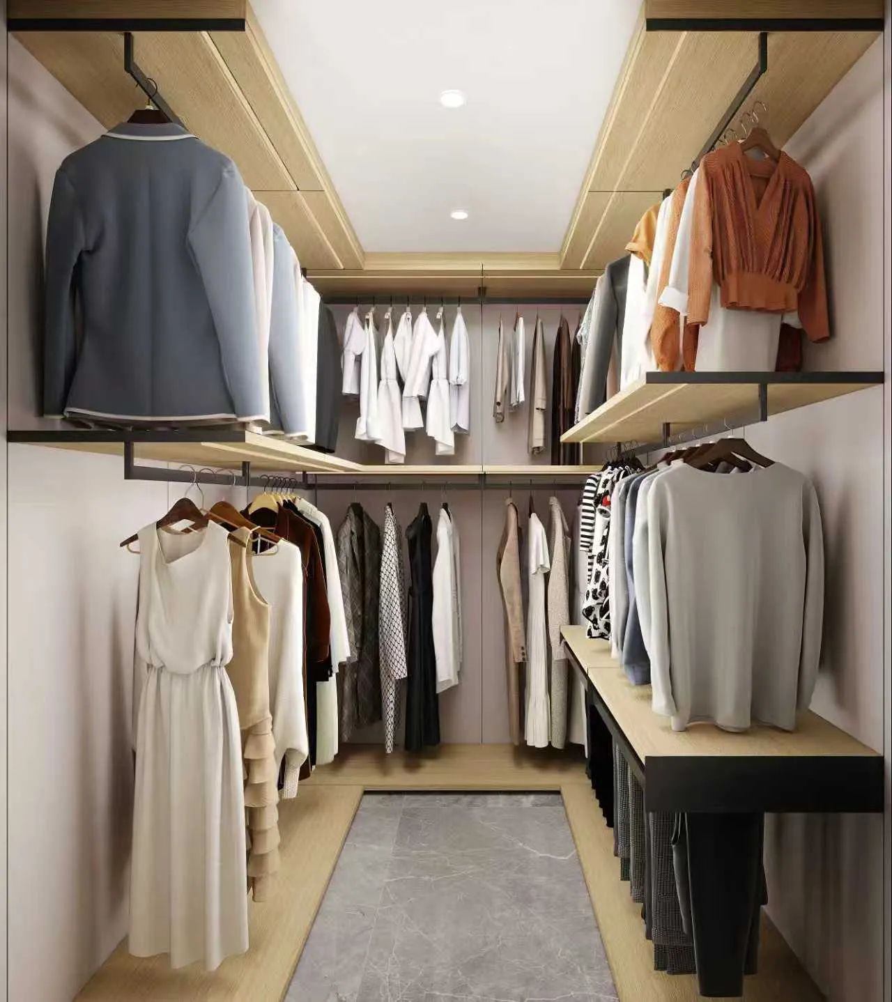 Walk-in wardrobe with open shelving and lighting