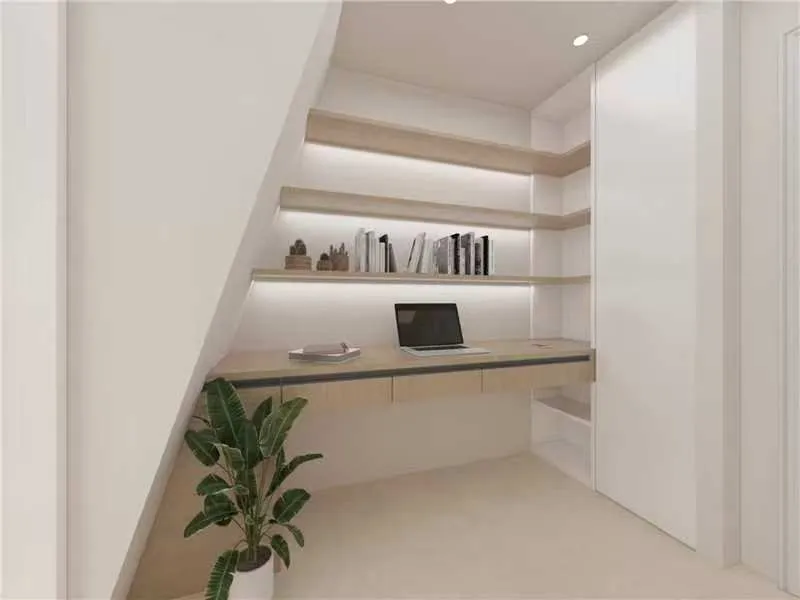 Hallway with built-in shelving and desk