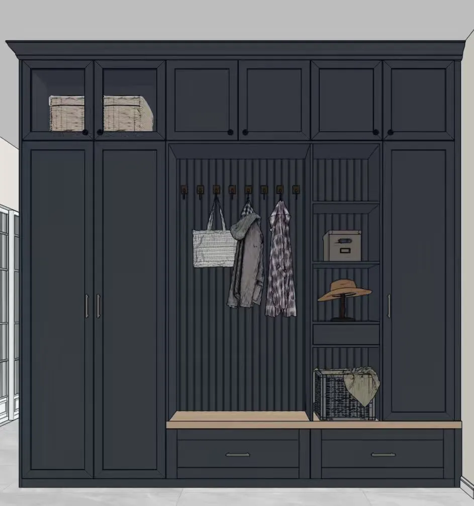Deep blue wardrobe fronts with brass handles