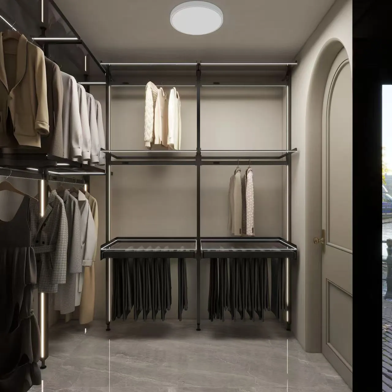 Wardrobe with black metal frames and marble floor