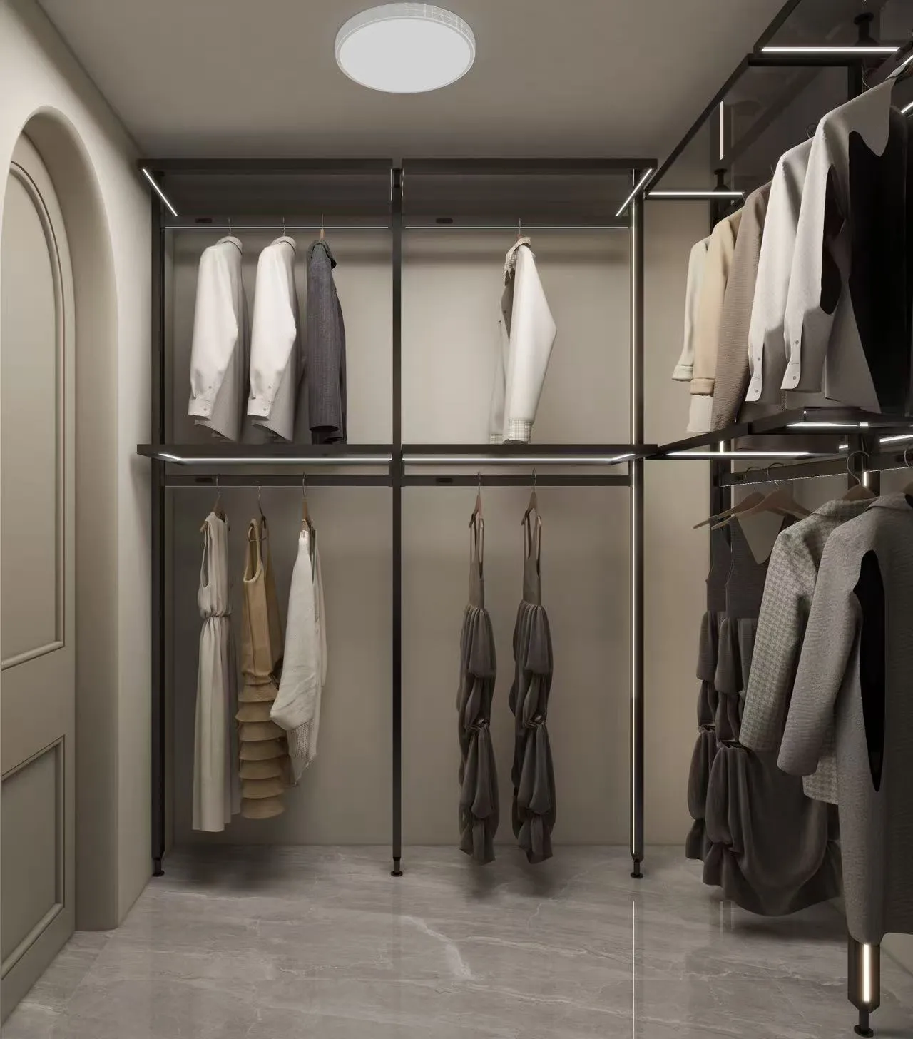 Open wardrobe with black metal rails