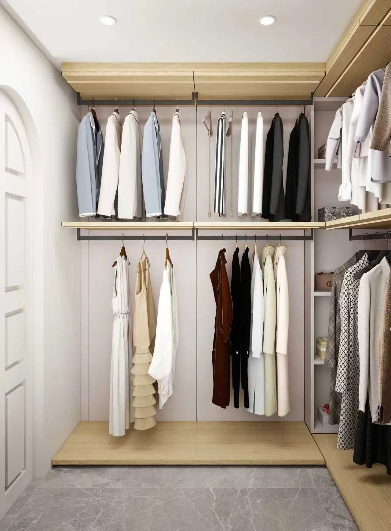 Walk-in wardrobe with timber hanging rails