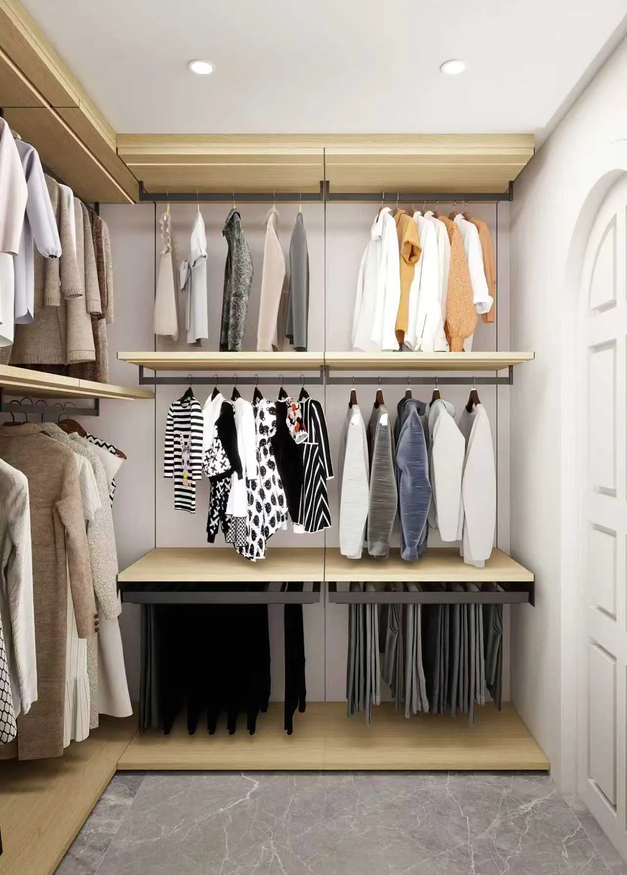 Wardrobe with multi-tier shelving and hanging