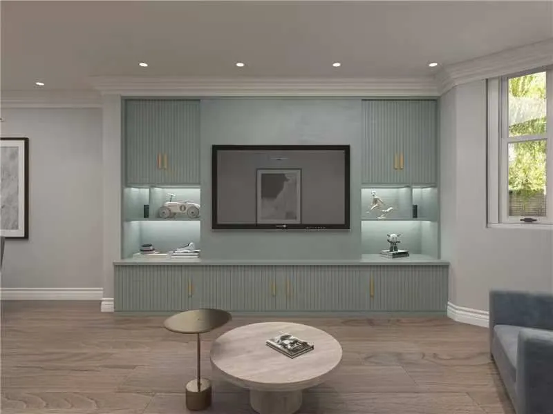 Living room with pale media cabinetry