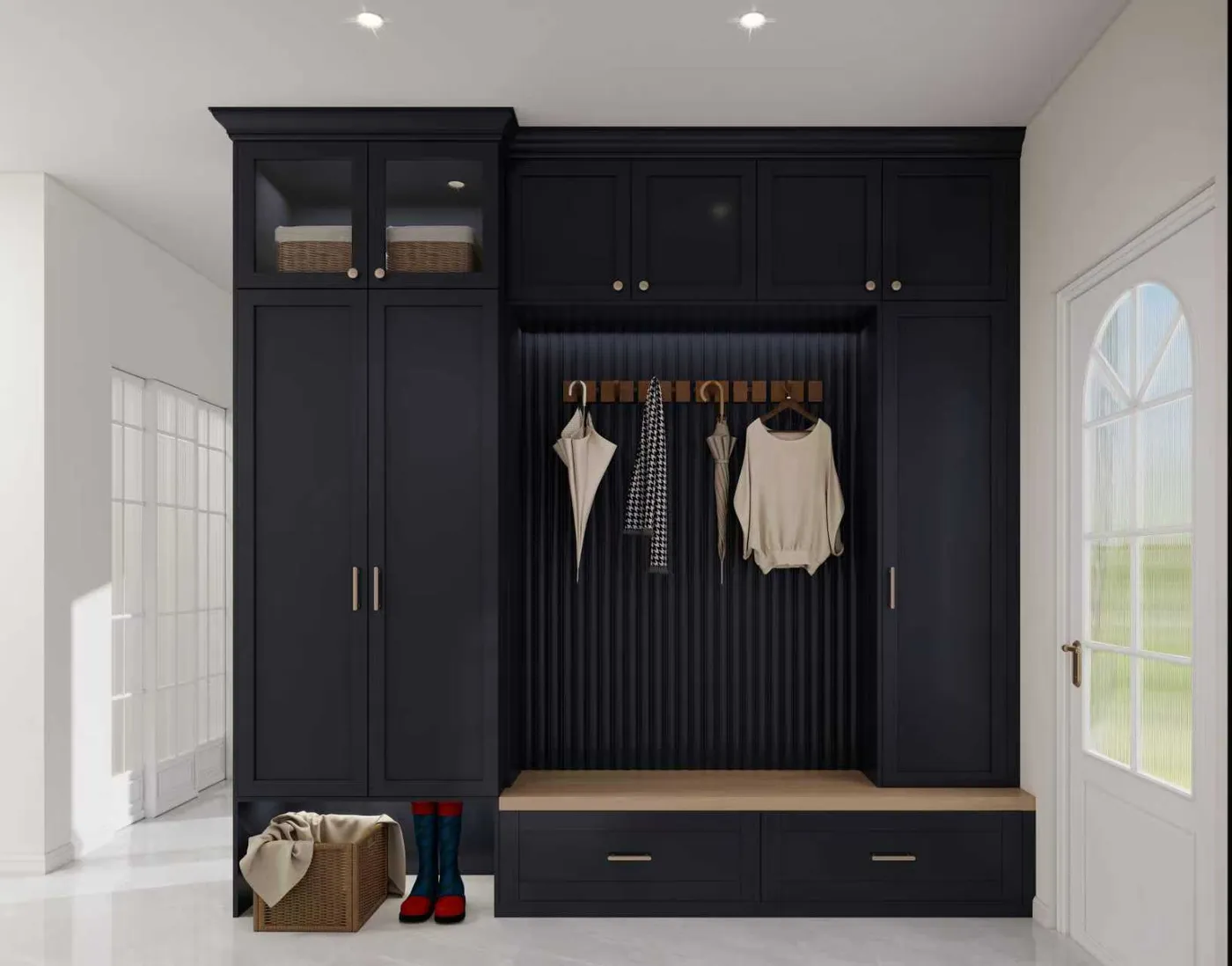 Deep blue storage unit with hanging rail