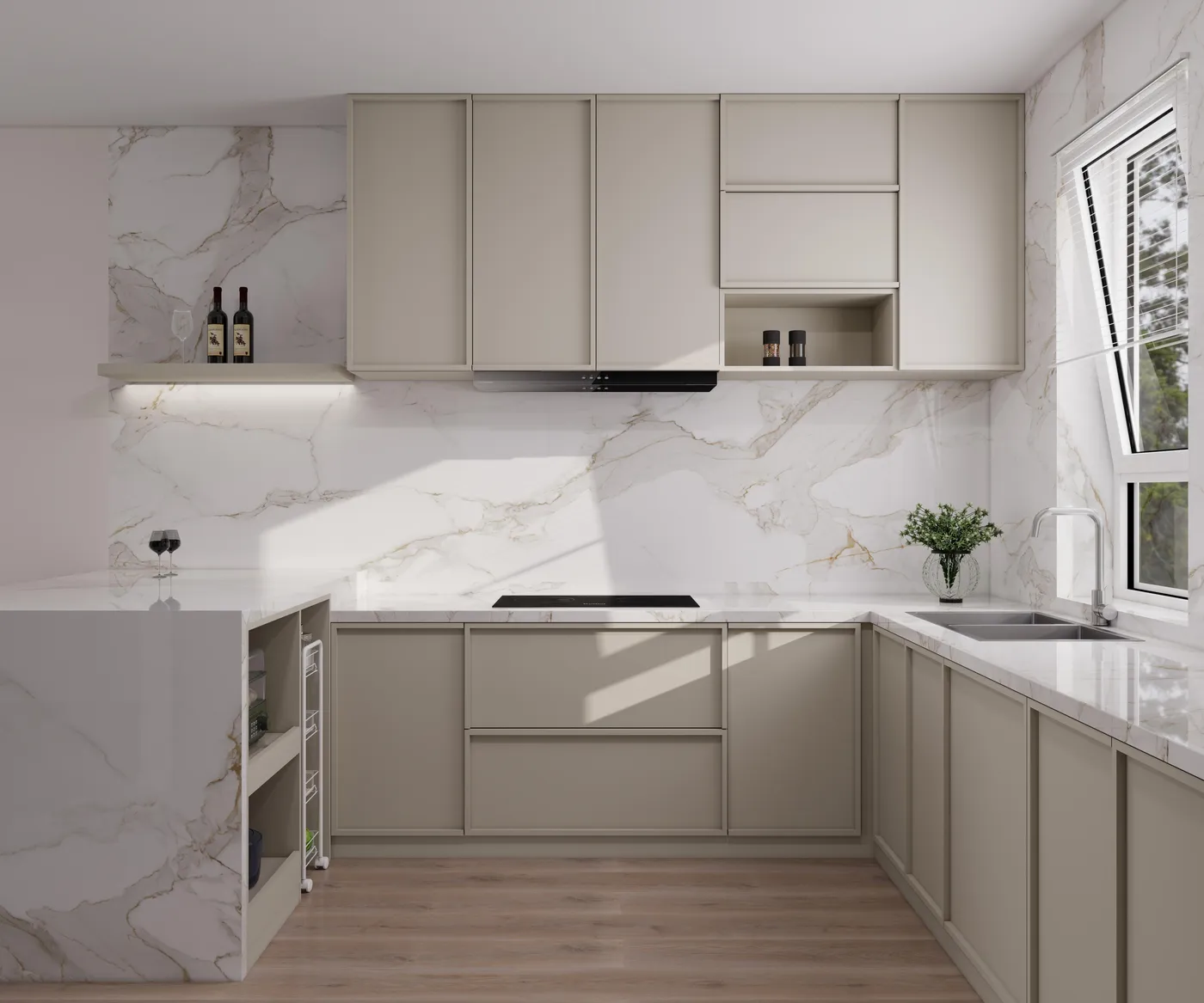 Bespoke kitchen with marble worktop and oak flooring
