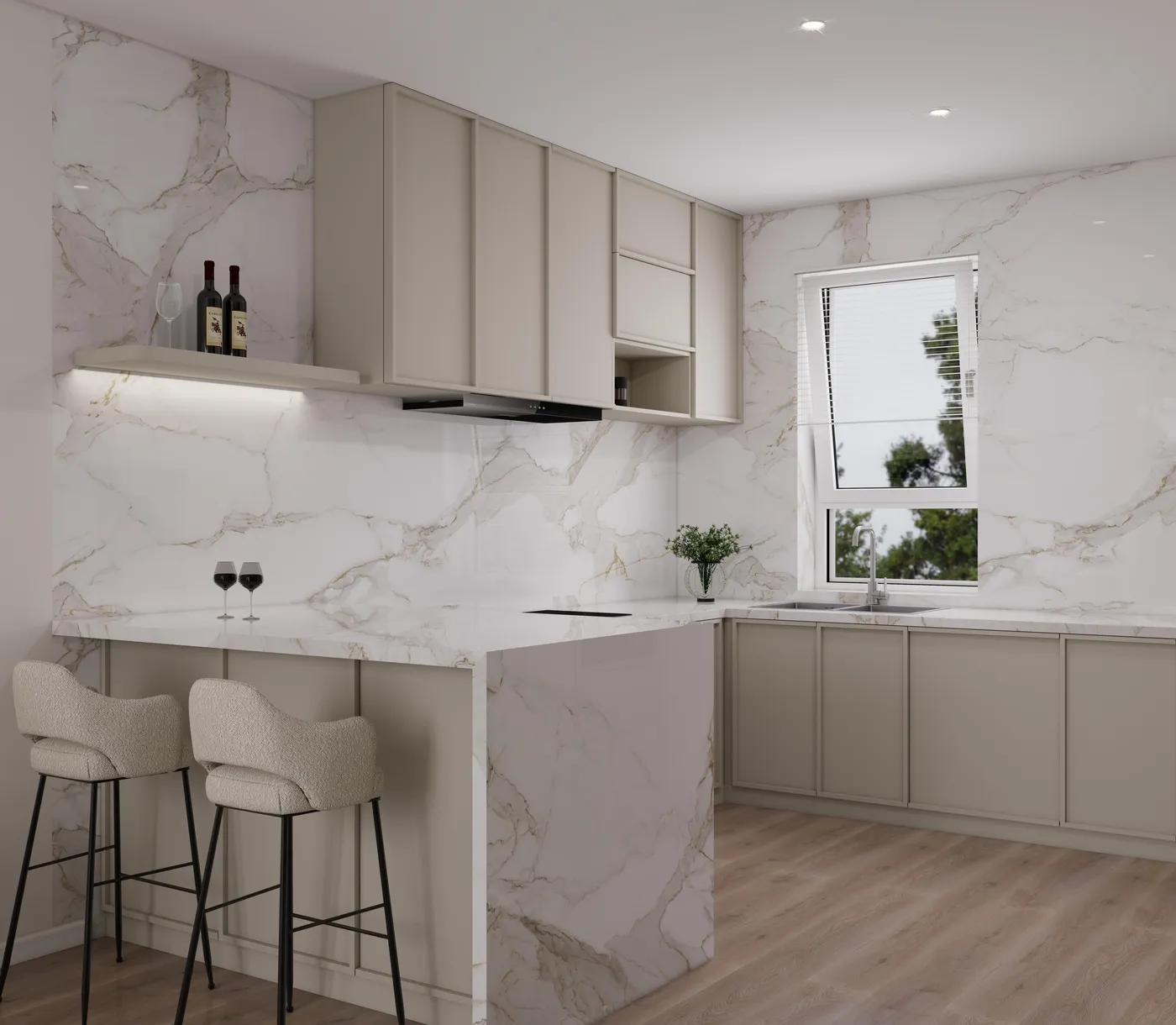 Kitchen island with bar stools and marble tops