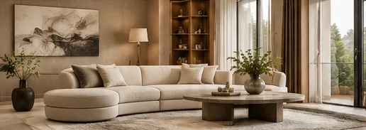 Bright living room with curved sofa, round stone coffee table and bespoke shelving