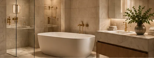 Bathroom with freestanding bath, marble vanity and brass fixtures